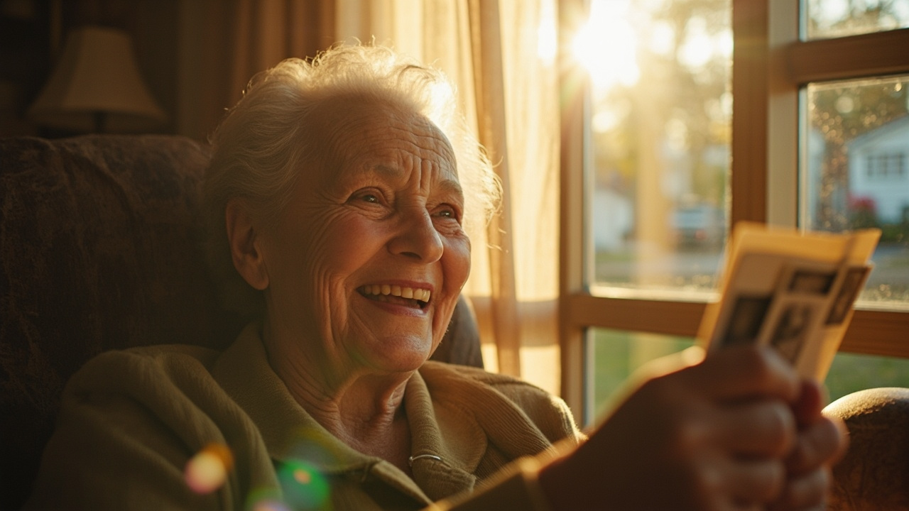 103-ročná Ruth Hoefner sa smeje pri prezeraní rodinných fotografií na svojom balkóne.