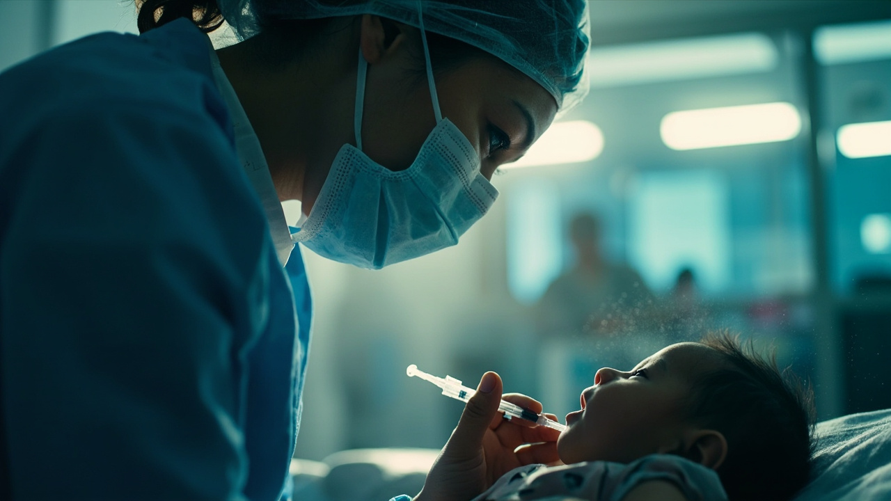 Zdravotná sestra očkuje dieťa proti čiernemu kašľu v modernej nemocničnej ambulancii.