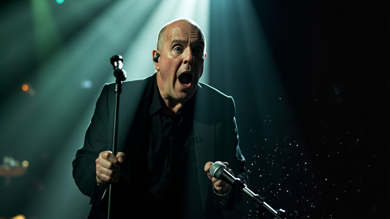 Billy Joel sa tackavo pohybuje po pódiu s použitím mikrofónneho stojanu ako opory počas koncertu.