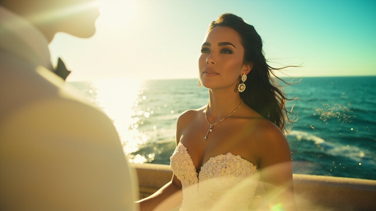 Demi Lovato v perlovobielych svadobných šatách počas obradu s výhľadom na oceán