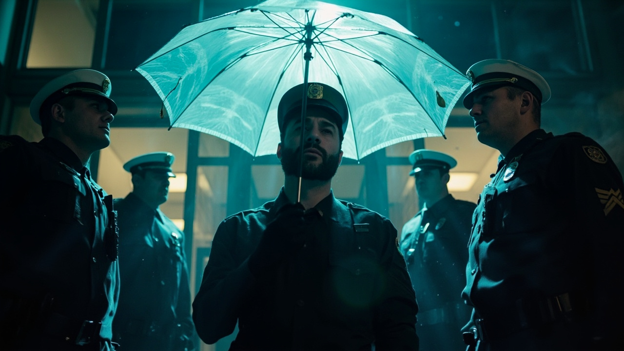 Policajt chránený dáždnikom prechádza špalierom kolegov pred nemocnicou.