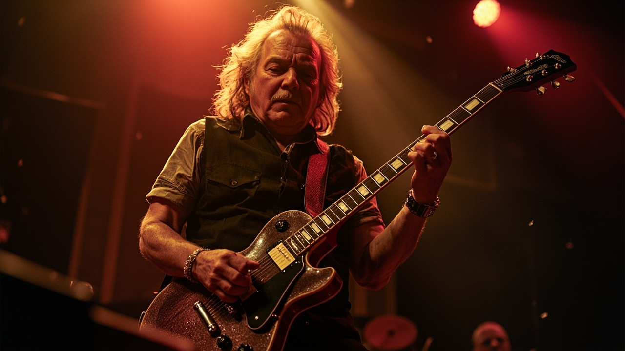 Rick Derringer počas vystúpenia s elektrickou gitarou v štúdiu.