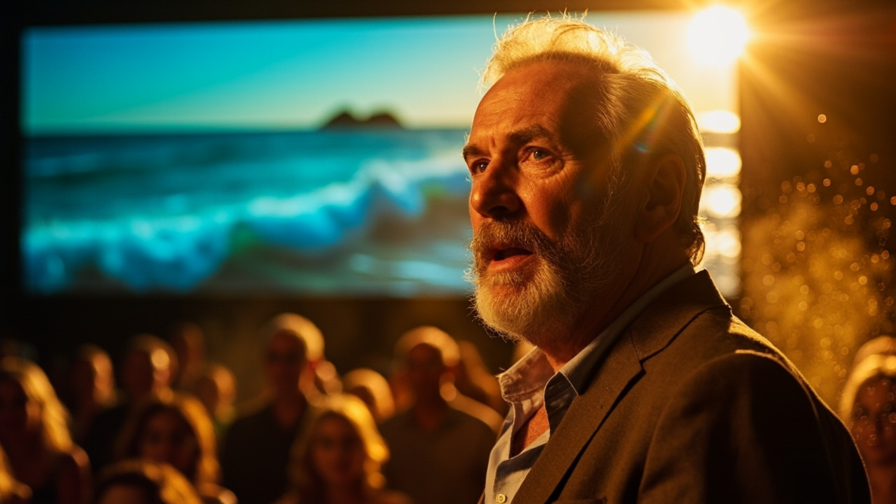 Legendárny surfový filmár Jack McCoy počas svojho posledného verejného vystúpenia na výročnom premietaní filmu Blue Horizon.