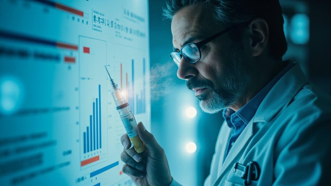 Lekár analyzuje grafy zobrazujúce znížené riziko rakoviny pri liečbe Ozempic
