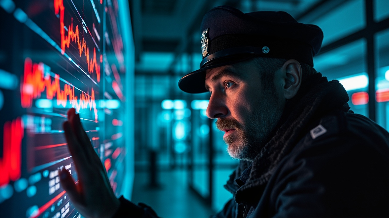 Policajný analytik študuje grafy kriminality na veľkej obrazovke v centrále BKA.