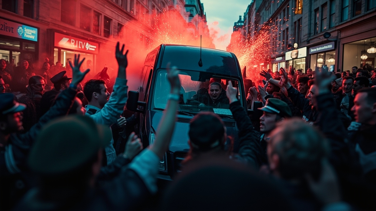 Policajné zložky obklopujúce tmavú dodávku po incidente na oslavách FC Liverpool.