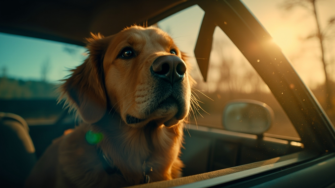 Zlatý retriever Nahla sedí v aute tesne pred tragickou nehodou pri jazere.