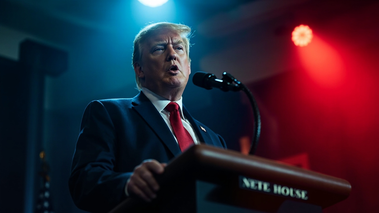 Donald Trump počas prejavu kritizujúceho Putinove kroky na Ukrajine v Bielom dome.
