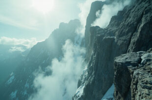 Treacherous cliff edge on Mount Whitney peak shrouded in mist, with steep granite faces and snow at dangerous elevation