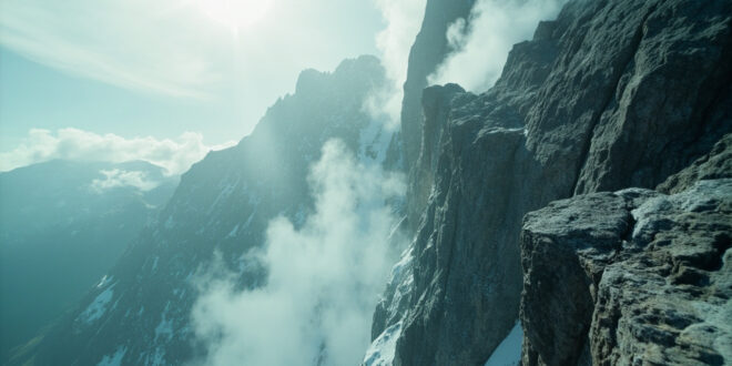 Treacherous cliff edge on Mount Whitney peak shrouded in mist, with steep granite faces and snow at dangerous elevation