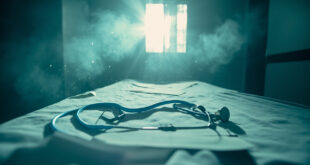 Empty hospital room with medical equipment and stethoscope on bed, highlighting aftermath of bacterial infection tragedy