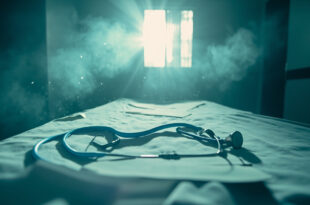 Empty hospital room with medical equipment and stethoscope on bed, highlighting aftermath of bacterial infection tragedy