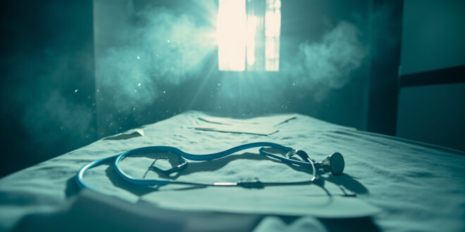 Empty hospital room with medical equipment and stethoscope on bed, highlighting aftermath of bacterial infection tragedy