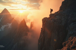 Dangerous rocky cliff edge on Mount Whitney illuminated by golden sunrise light, highlighting the perils of mountain hiking