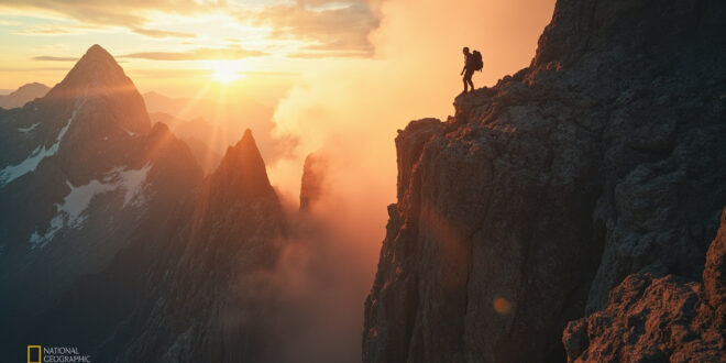 Dangerous rocky cliff edge on Mount Whitney illuminated by golden sunrise light, highlighting the perils of mountain hiking