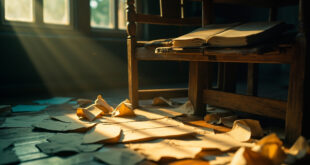 Empty chair beside wooden desk with blank notebook and scattered diary pages in a sunlit study room