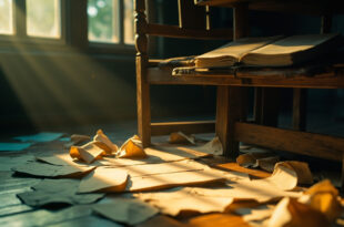 Empty chair beside wooden desk with blank notebook and scattered diary pages in a sunlit study room