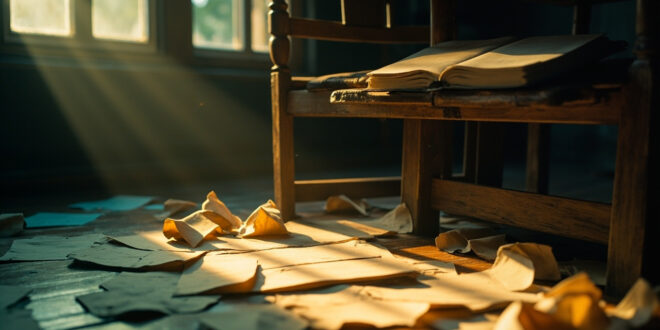 Empty chair beside wooden desk with blank notebook and scattered diary pages in a sunlit study room