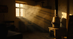 Traditional wood-burning stove with kettle providing heat in a rustic Bavarian farmhouse kitchen with warm wooden interior