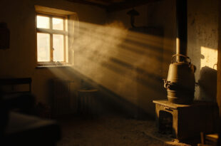 Traditional wood-burning stove with kettle providing heat in a rustic Bavarian farmhouse kitchen with warm wooden interior