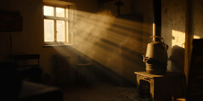 Traditional wood-burning stove with kettle providing heat in a rustic Bavarian farmhouse kitchen with warm wooden interior