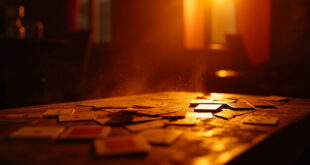 Empty wooden table with scattered playing cards and birthday celebration setup in a cozy, dimly lit room