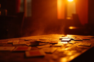 Empty wooden table with scattered playing cards and birthday celebration setup in a cozy, dimly lit room