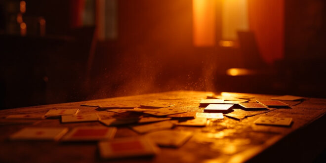 Empty wooden table with scattered playing cards and birthday celebration setup in a cozy, dimly lit room
