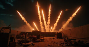 Abandoned rooftop terrace with party decorations at night, missile trails streaking across dark sky above