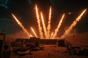 Abandoned rooftop terrace with party decorations at night, missile trails streaking across dark sky above