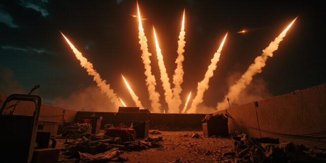 Abandoned rooftop terrace with party decorations at night, missile trails streaking across dark sky above