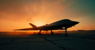 Unmanned B-2 stealth bomber silhouetted against orange sunset on deserted military airbase runway