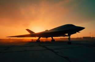 Unmanned B-2 stealth bomber silhouetted against orange sunset on deserted military airbase runway
