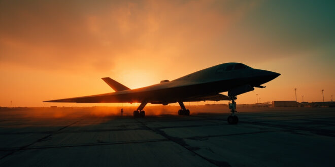 Unmanned B-2 stealth bomber silhouetted against orange sunset on deserted military airbase runway