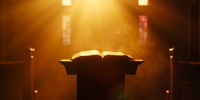 Empty wooden pulpit with open Bible bathed in golden dawn light inside a quiet church sanctuary