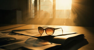 Empty editor's desk with iconic sunglasses and abandoned fashion magazine layout in minimalist editorial office
