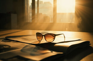 Empty editor's desk with iconic sunglasses and abandoned fashion magazine layout in minimalist editorial office