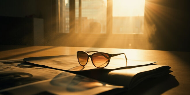 Empty editor's desk with iconic sunglasses and abandoned fashion magazine layout in minimalist editorial office