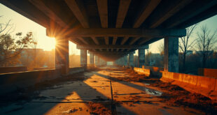 Abandoned urban plaza with broken pavement and barriers at dusk, scattered debris under concrete bridge with gray and orange tones