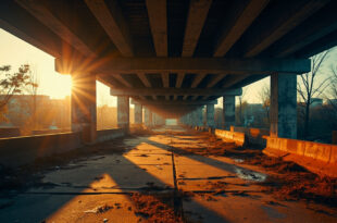 Abandoned urban plaza with broken pavement and barriers at dusk, scattered debris under concrete bridge with gray and orange tones