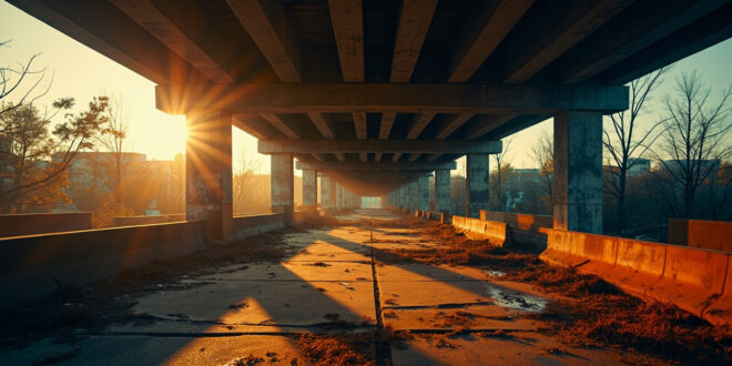 Abandoned urban plaza with broken pavement and barriers at dusk, scattered debris under concrete bridge with gray and orange tones