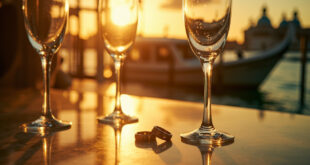Empty champagne glasses and ornate wedding rings on elegant table beside Venetian canal with water taxi at golden hour