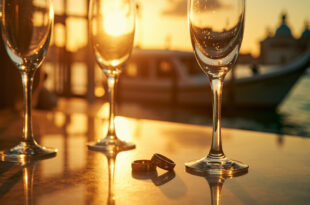 Empty champagne glasses and ornate wedding rings on elegant table beside Venetian canal with water taxi at golden hour