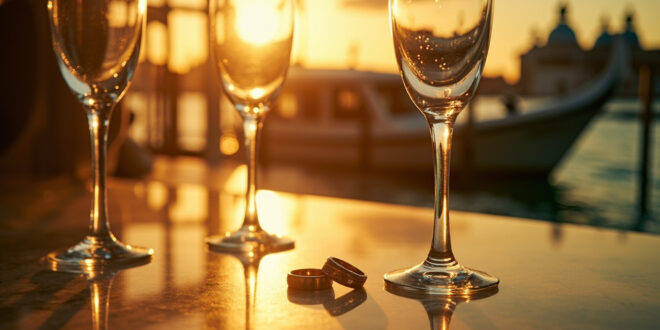 Empty champagne glasses and ornate wedding rings on elegant table beside Venetian canal with water taxi at golden hour
