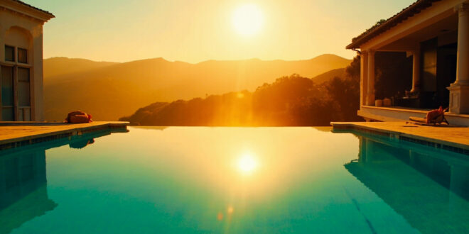 Empty infinity pool reflecting golden sunset at luxurious Bel-Air mansion, overlooking Los Angeles hills at golden hour