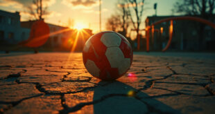 Abandoned soccer ball sits alone on cracked asphalt of deserted urban playground at dusk, bathed in orange light