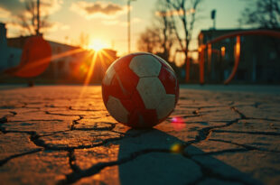 Abandoned soccer ball sits alone on cracked asphalt of deserted urban playground at dusk, bathed in orange light