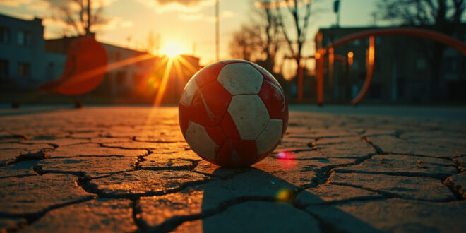 Abandoned soccer ball sits alone on cracked asphalt of deserted urban playground at dusk, bathed in orange light
