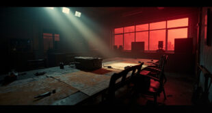 Abandoned military command center at night with silent equipment, maps, and empty chairs bathed in red and gray light