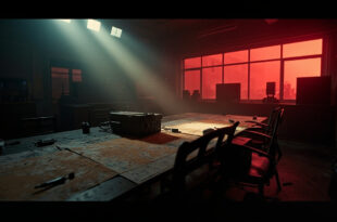 Abandoned military command center at night with silent equipment, maps, and empty chairs bathed in red and gray light